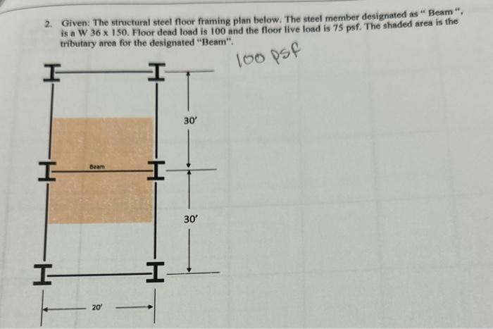 2. Given: The structural steel floor framing plan below. The steel member designated as Beam , is a W \( 36 \times 150 \).