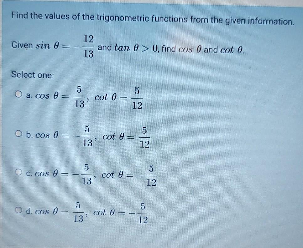 Solved Find the values of the trigonometric functions from | Chegg.com