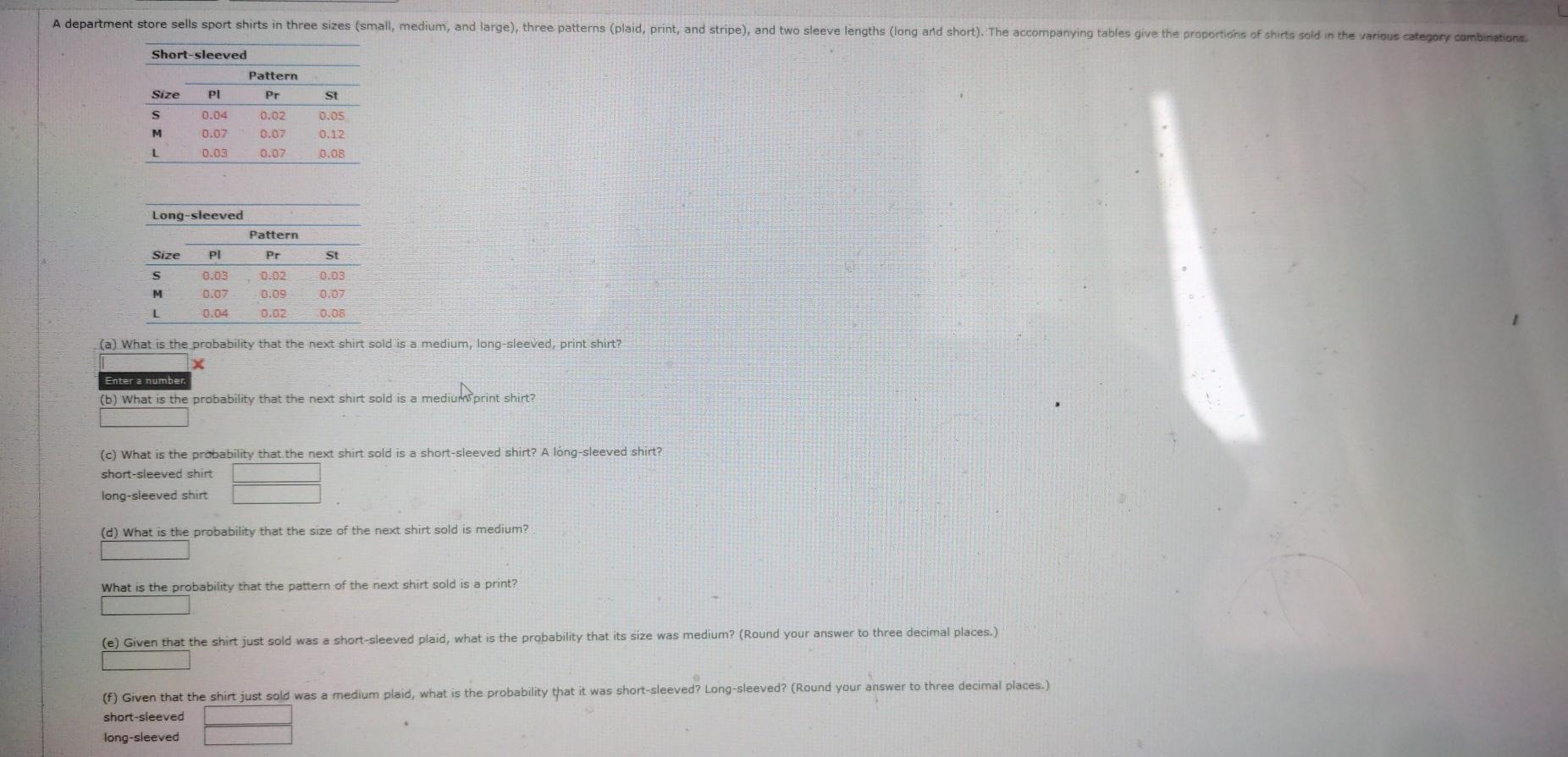 Solved A department store sells sport shirts in three sizes