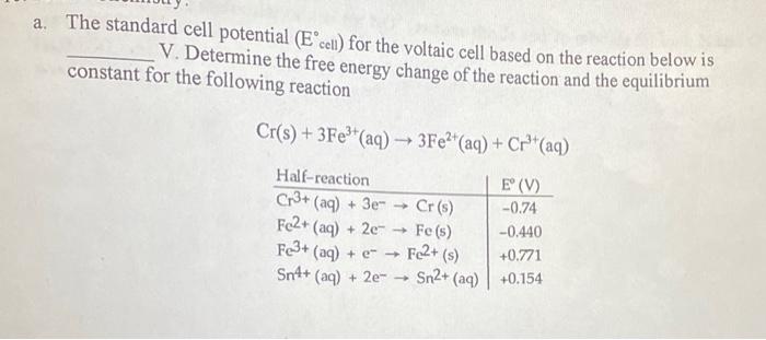 Solved a. The standard cell potential (Ecell ∘) for the | Chegg.com