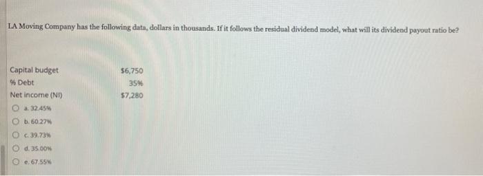 Solved LA Moving Company has the following data, dollars in | Chegg.com