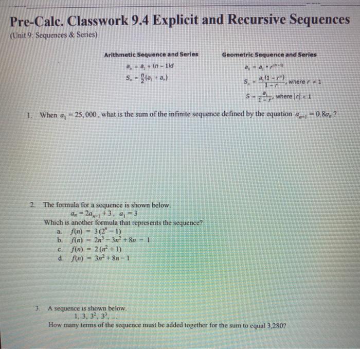 Solved Pre-Calc. Classwork 9.4 Explicit and Recursive | Chegg.com