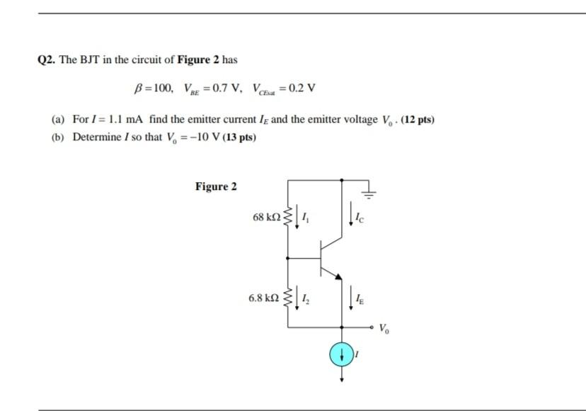 Solved Q2. The BJT in the circuit of Figure 2 has B = 100, | Chegg.com