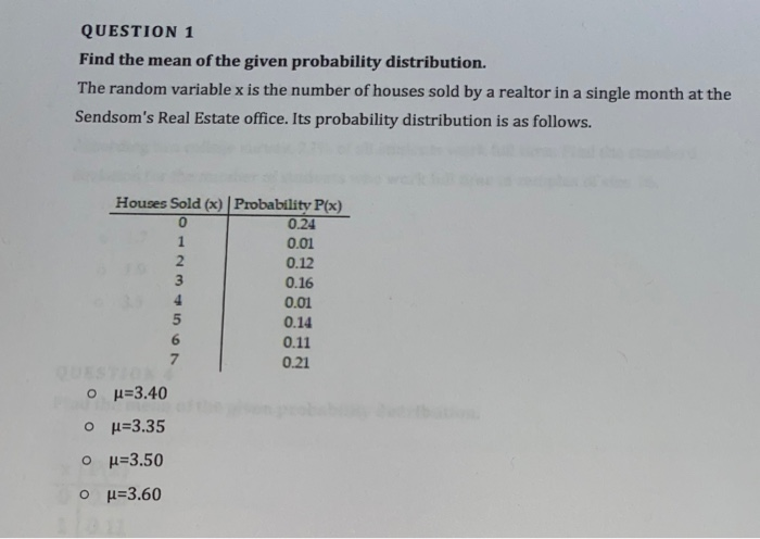 Solved QUESTION 1 Find the mean of the given probability | Chegg.com