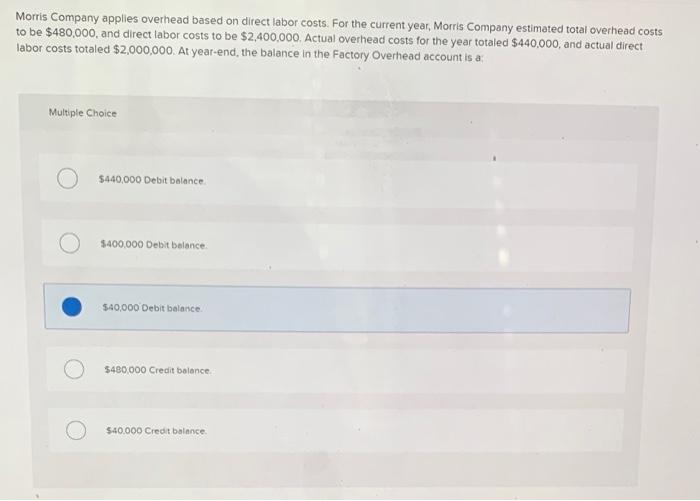 Solved Morris Company applies overhead based on direct labor
