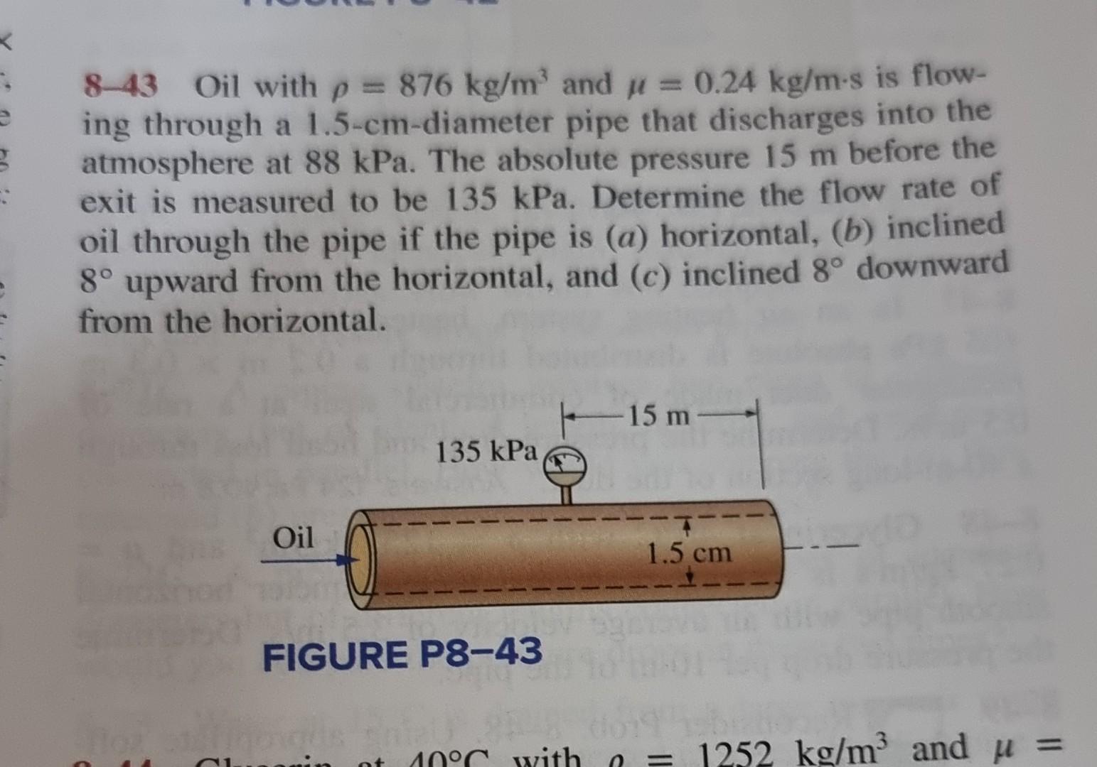 Solved 8−43 Oil With ρ=876 Kg/m3 And μ=0.24 Kg/m⋅s Is | Chegg.com