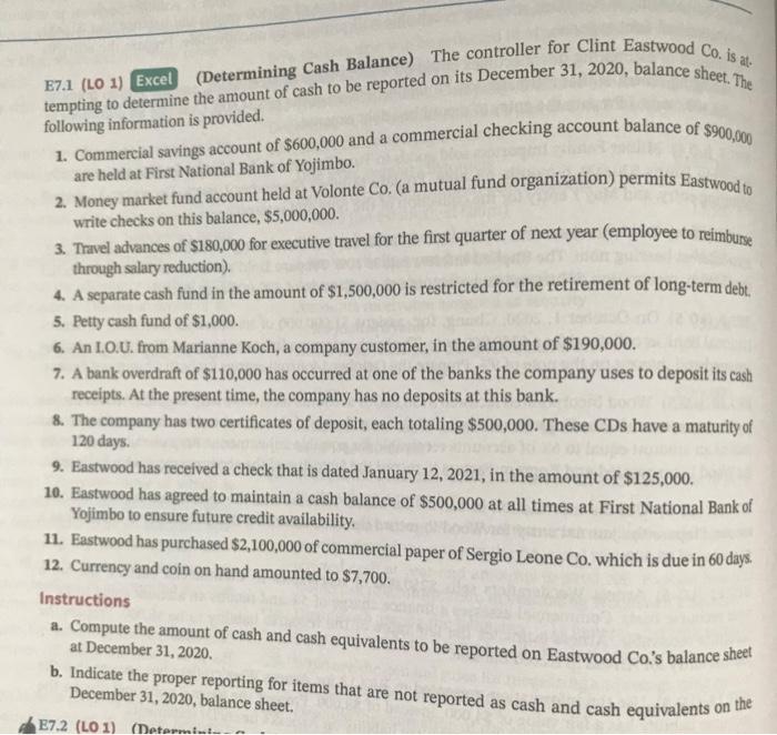 Solved E7.1 (LO 1) Excel following information is provided. | Chegg.com