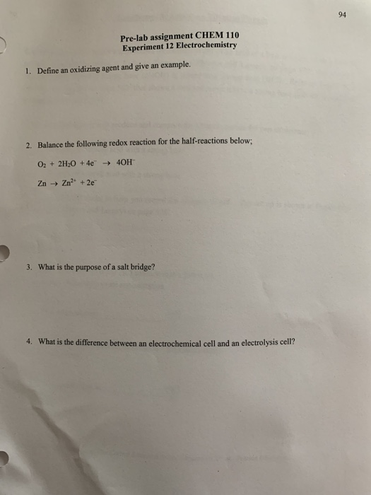 Solved Pre-lab assignment CHEM 110 Experiment 12 | Chegg.com