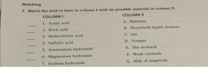 Solved Matching 1. Match the acid or base in column 1 with | Chegg.com