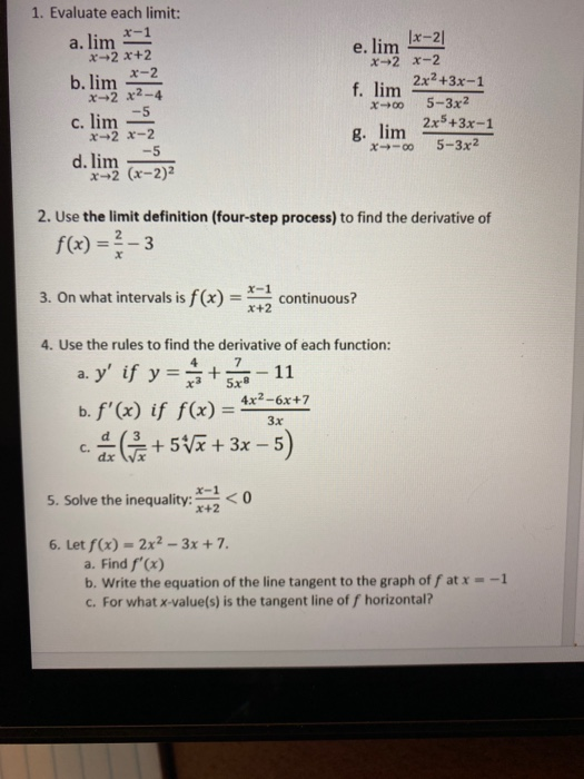 Solved 1. Evaluate each limit: x-1 e. lim b. lim a. lim X-2 | Chegg.com