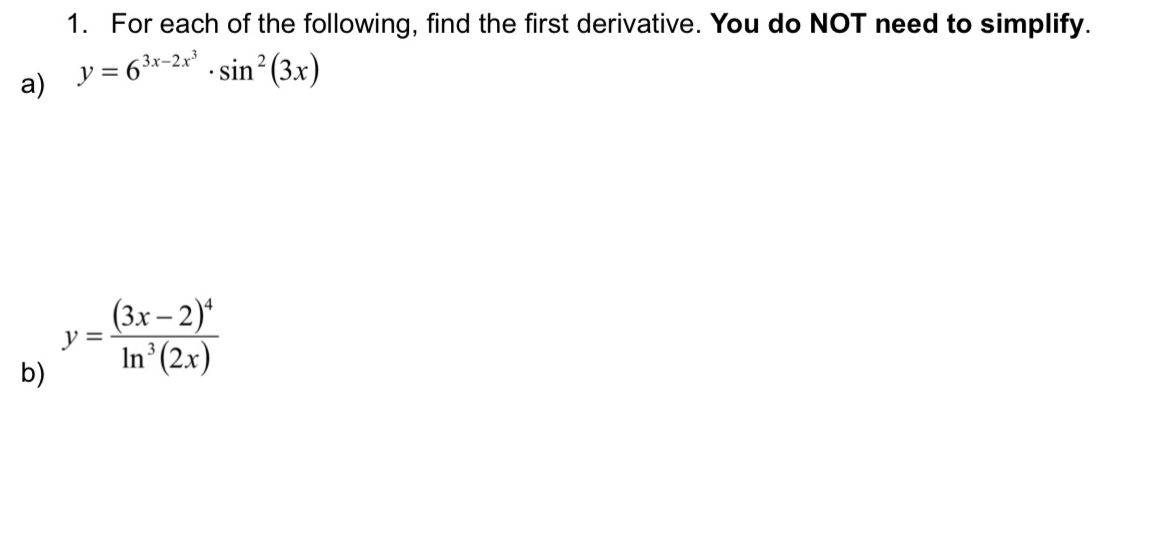 Solved For Each Of The Following Find The First Derivative 9195