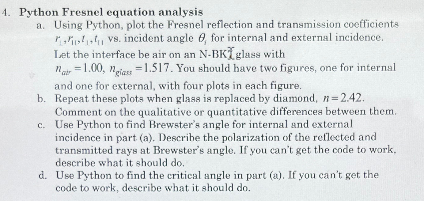 Python Fresnel equation analysisa. ﻿Using Python, | Chegg.com