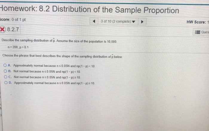 Solved Homework: 8.2 Distribution of the Sample Proportion | Chegg.com