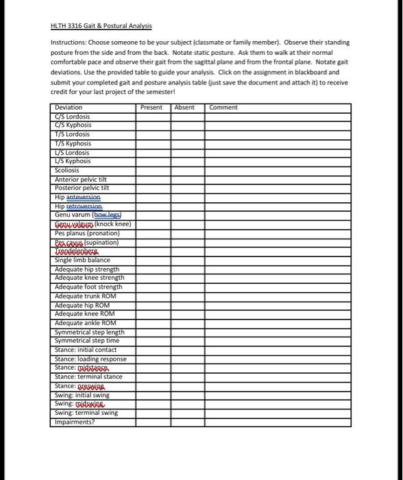 HLTH 3316 Gait \& Postural Analysis Instructions: | Chegg.com