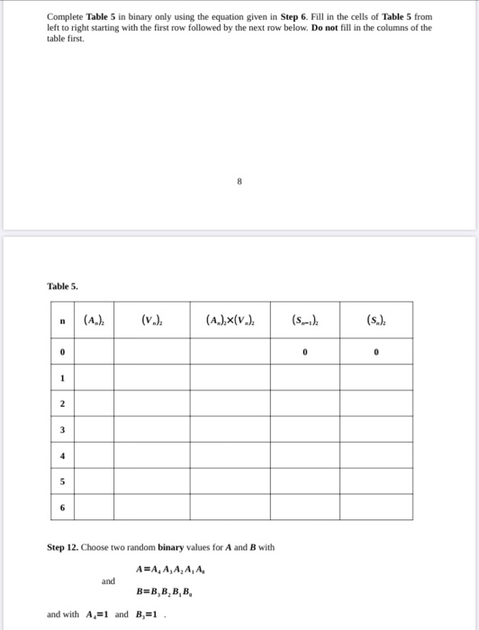 Random Binary Table Complete Table 5 in binary only using the equation | Chegg.com