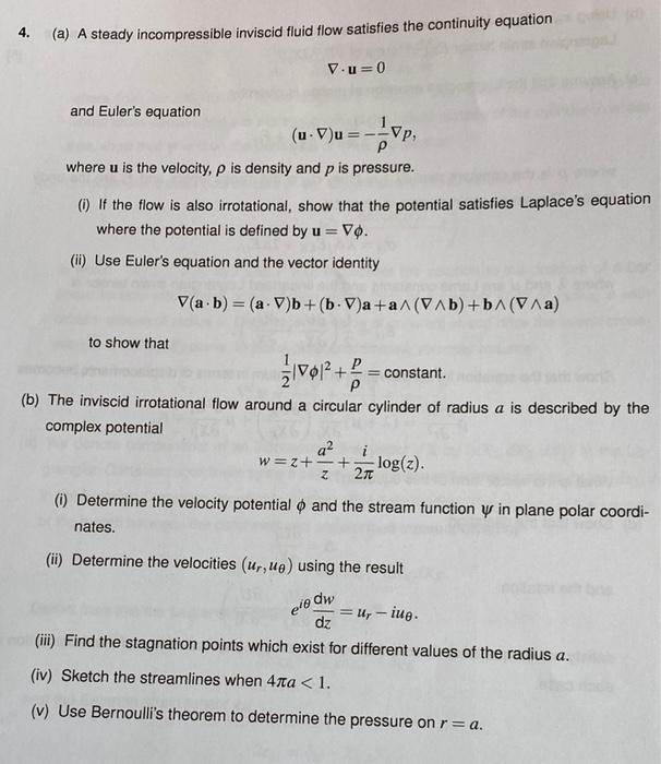 Solved 4. (a) A steady incompressible inviscid fluid flow | Chegg.com