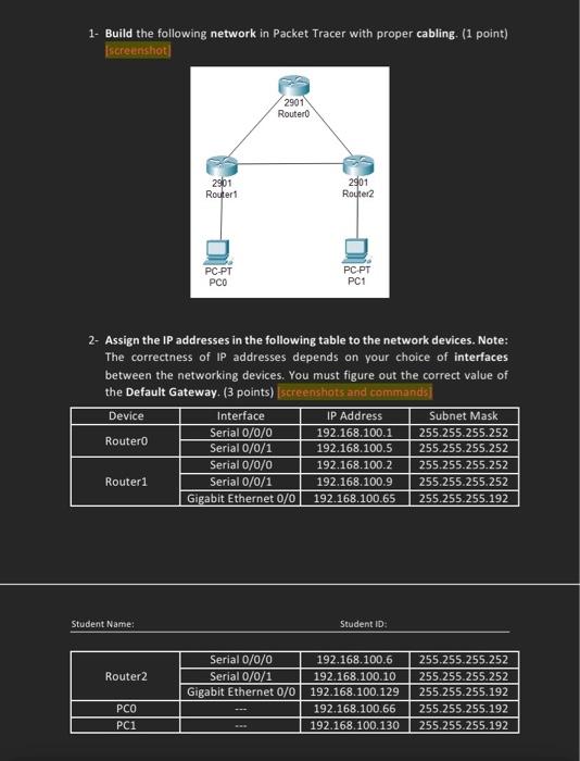 Solved 1- Build The Following Network In Packet Tracer With | Chegg.com