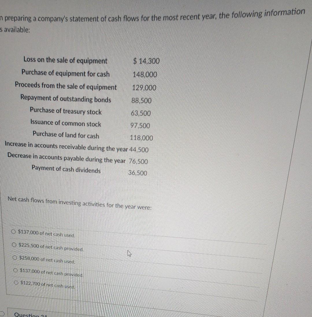 In Preparing A Company's Statement Of Cash Flows Solved preparing a company's statement of cash flows for the | Chegg.com