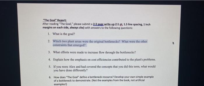 Solved The Goal Report After Reading The Goal Please Chegg Com