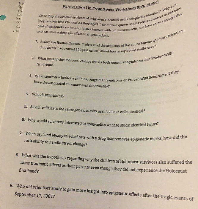 Solved Part 2: Ghost in Your Genes Worksheet (DVD 56 Minl | Chegg.com