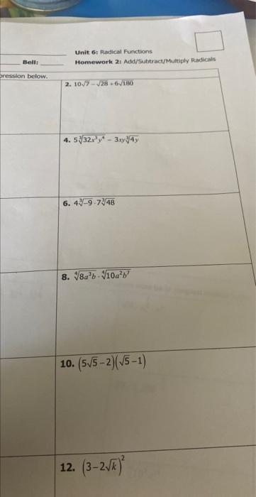 Unit 6: Radical Functions Bell: Homework 2: | Chegg.com