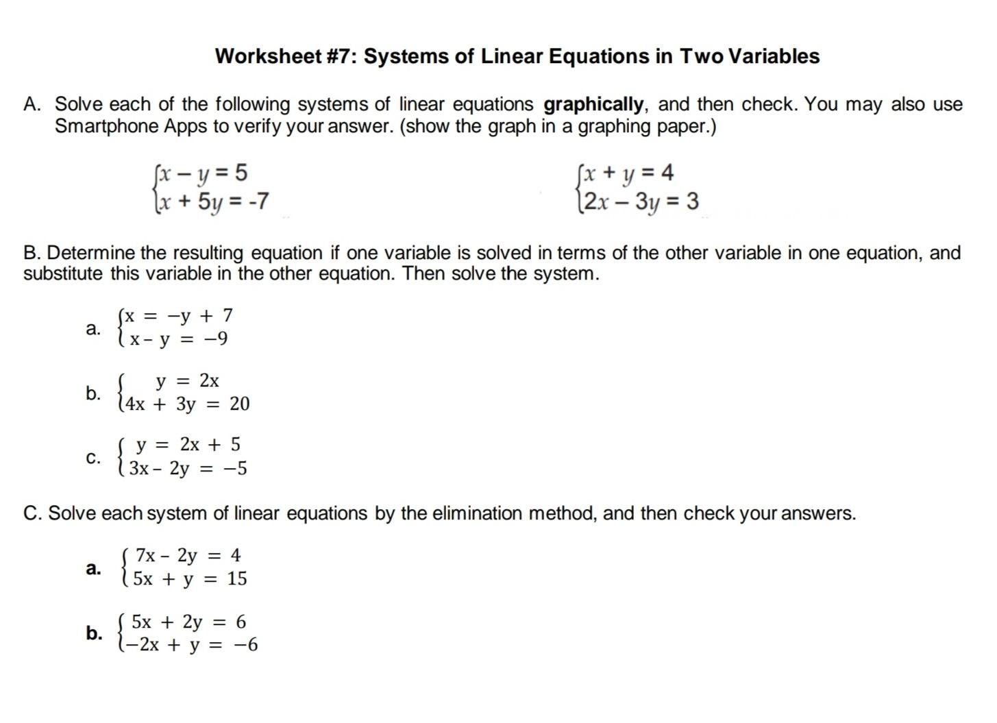 Solved Worksheet 7 Systems of Linear Equations in Two