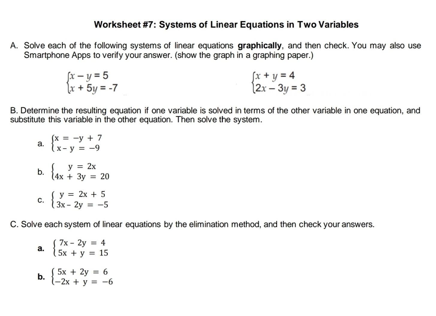 Solved Worksheet 7 Systems Of Linear Equations In Two Chegg