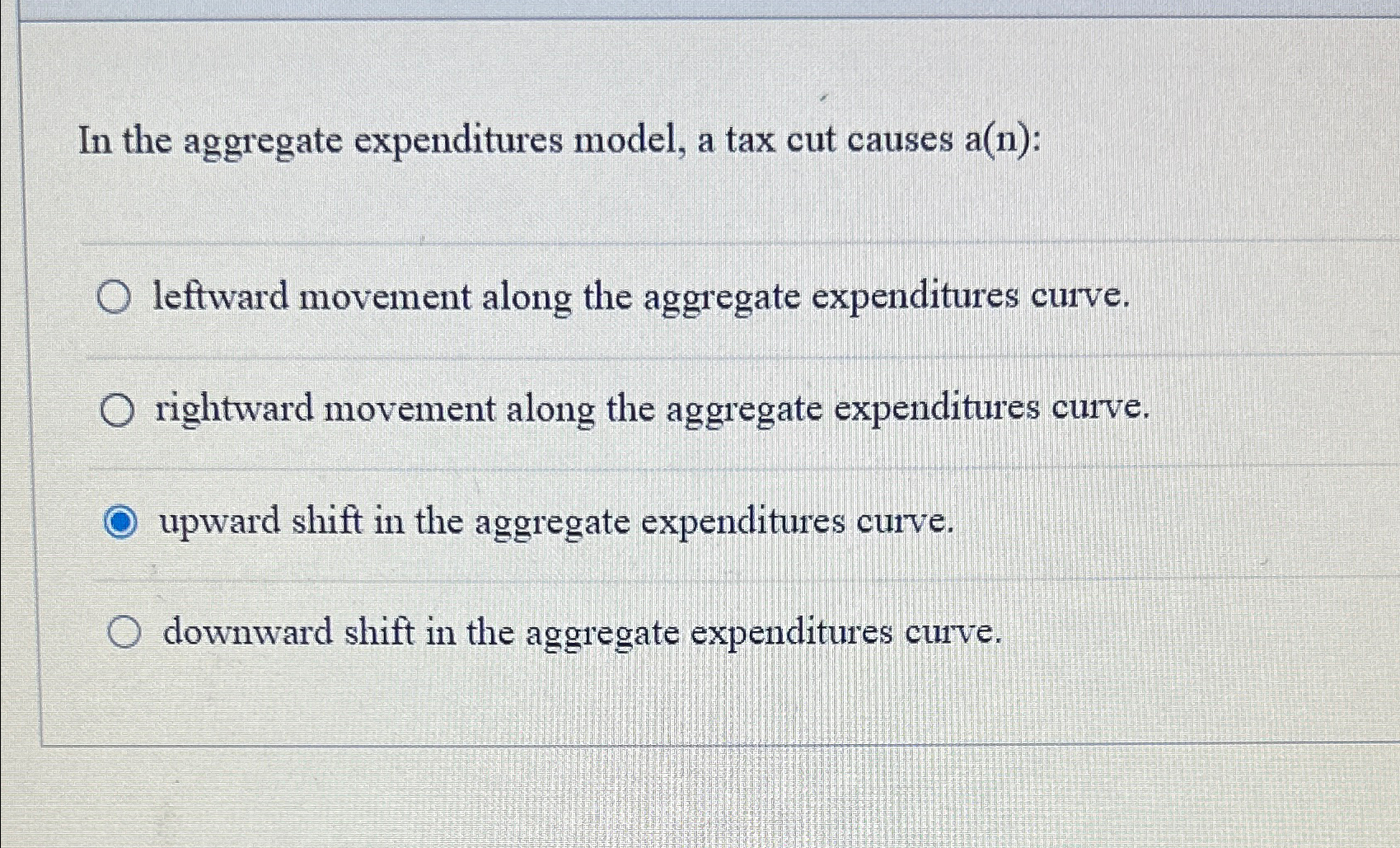 Solved In the aggregate expenditures model, a tax cut causes | Chegg.com