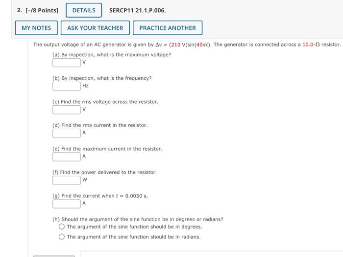 Solved The output voltage of an AC generator is given by | Chegg.com