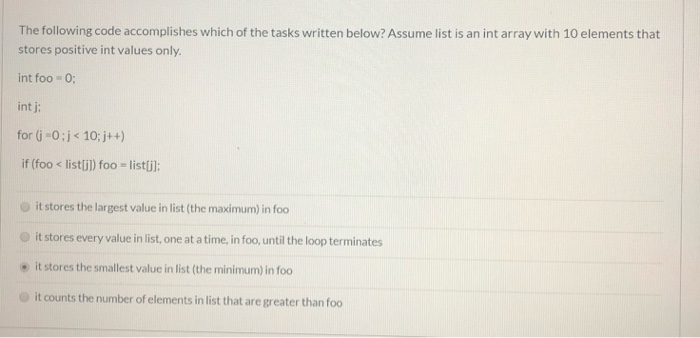 Solved The following code accomplishes which of the tasks | Chegg.com