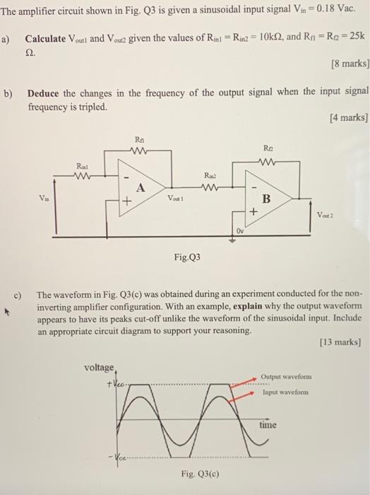 Solved The amplifier circuit shown in Fig. Q3 is given a | Chegg.com