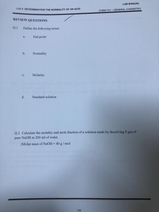 Solved LAB 8 DETERMINATION THE NORMALITY OF AN ACID LAB