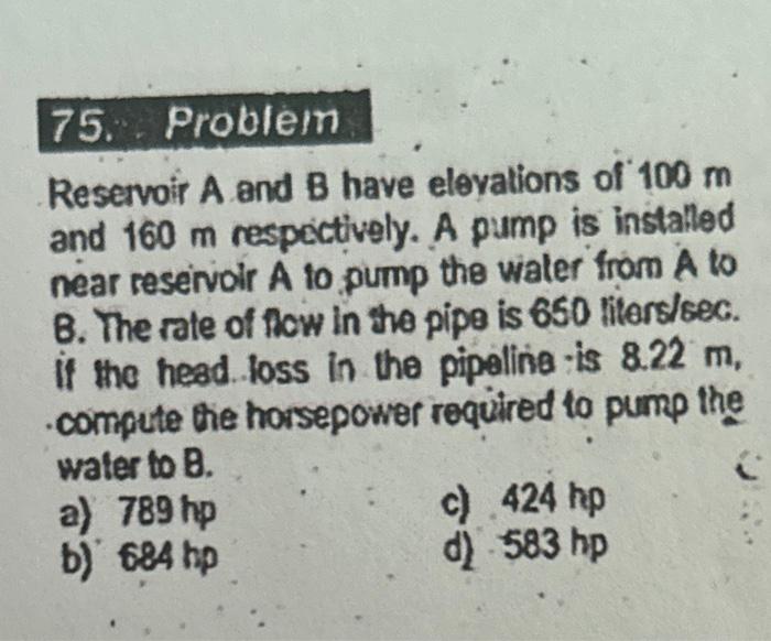 Solved Reservoir A And B Have Elevations Of 100 M And 160 M | Chegg.com