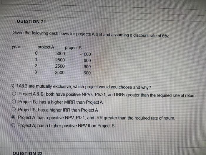 Solved Given the following cash flows for projects A \& B | Chegg.com