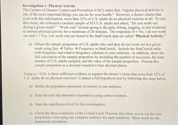 Solved Investigation 1: Physical Activity The Centers of | Chegg.com