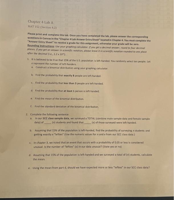 Solved Chapter 4 Lab A MAT 152 (Section 4.2) Please print | Chegg.com
