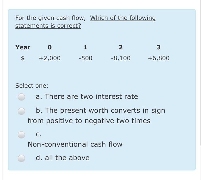 Solved For the given cash flow, Which of the following