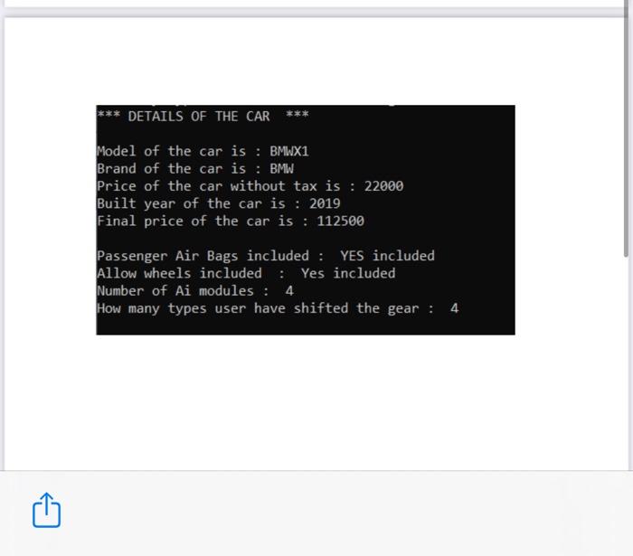 Solved code Must be in. C++ And UniqueCreate a class Car | Chegg.com