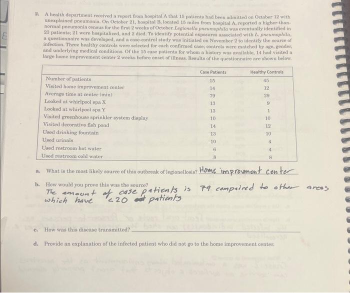 Solved 2. A health department received a report from | Chegg.com