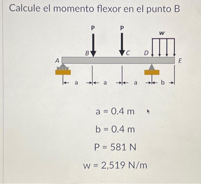 Calcule el momento flexor en el punto B \[ \begin{array}{c} a=0.4 \mathrm{~m} \\ b=0.4 \mathrm{~m} \\ P=581 \mathrm{~N} \\ W=