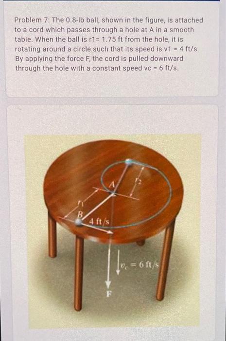 Problem 7: The 0.8-lb ball, shown in the figure, is attached.
to a cord which passes through a hole at A in a smooth
table. W