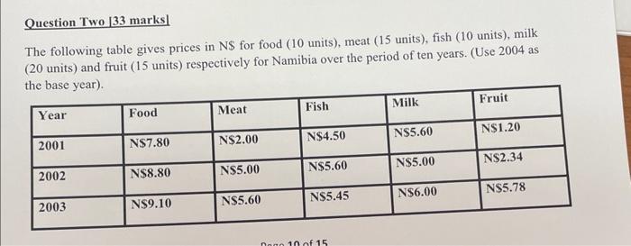 Question Two [33 marks]
The following table gives prices in ( mathrm{NS} ) for food (10 units), meat ( 15 units), fish ( 1