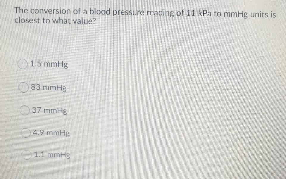 Solved The Conversion Of A Blood Pressure Reading Of 11 Kpa Chegg Com