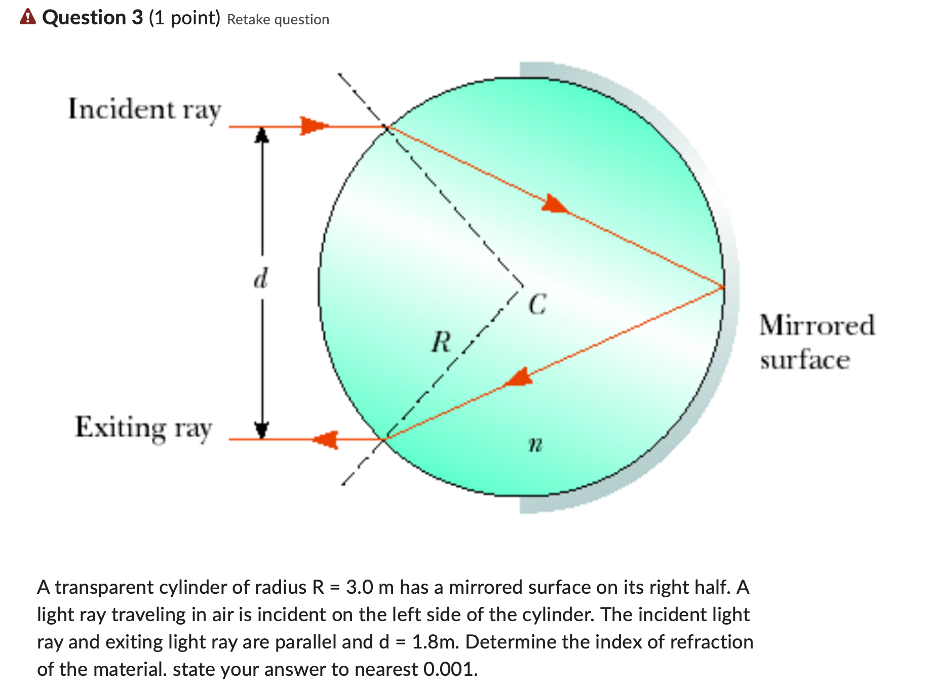 Solved A transparent cylinder of radius R=3.0m ﻿has a | Chegg.com