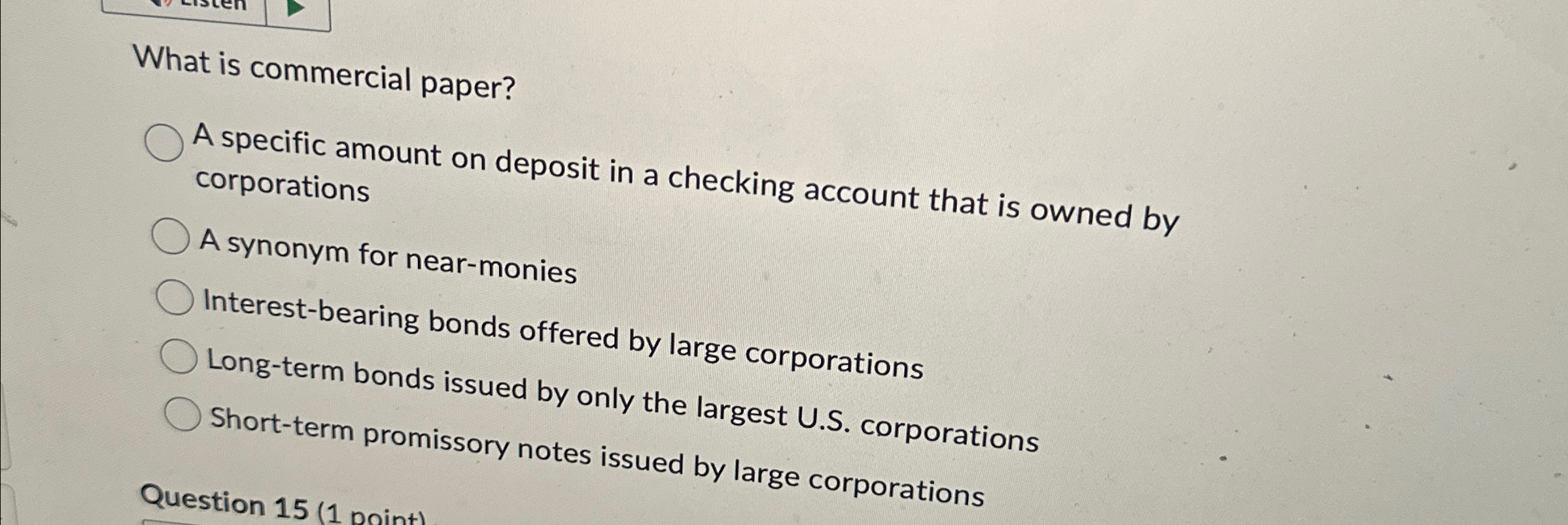 Solved What is commercial paper?A specific amount on deposit | Chegg.com