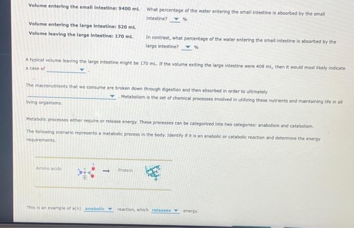 Volume entering the small intestine: 9400 mL What percentage of the water entering the small intestine is absorbed by the sma