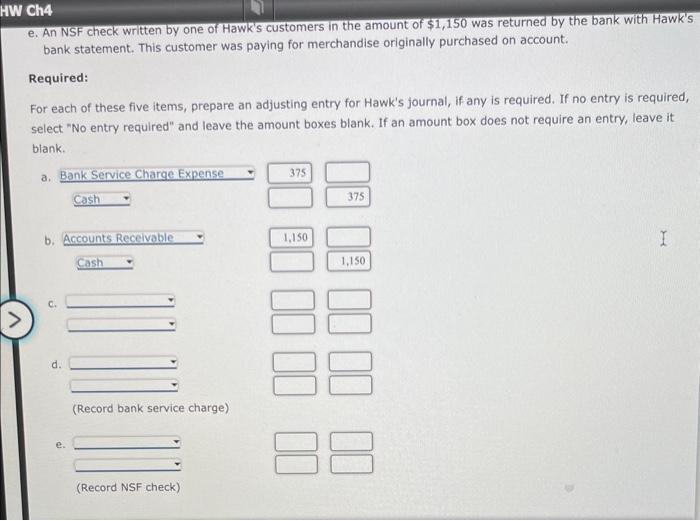 Solved Adjusting Entries from a Bank Reconciliation Hawk | Chegg.com