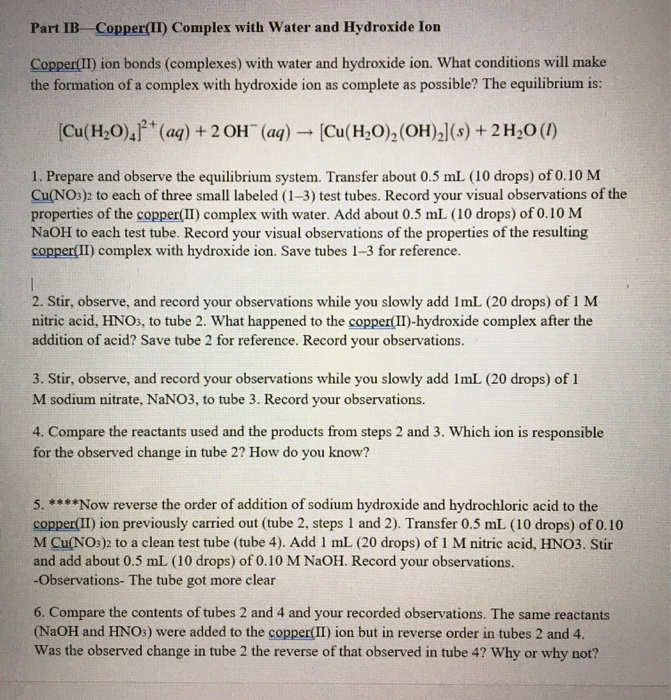 Solved Part IB Copper(II) Complex With Water And Hydroxide | Chegg.com