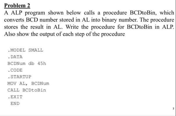 Solved Problem 2A ALP program shown below calls a procedure | Chegg.com