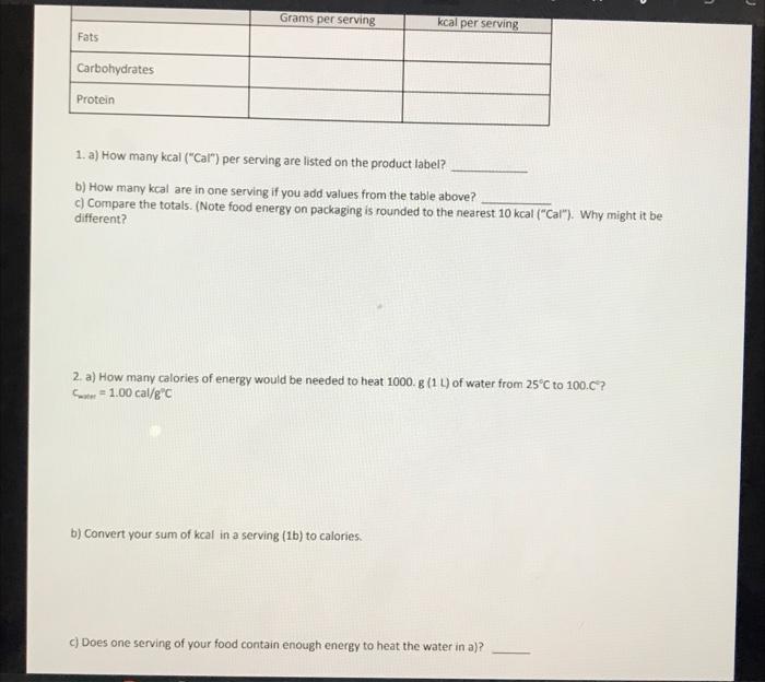 1. a) How many kcal ("Cal") per serving are listed on